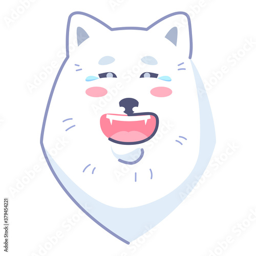 Dog sticker, laughing emoticon. Emoticon for social networks and messengers. White dog pet. Cute kawaii animal in cartoon style. Joy and happiness emotions.