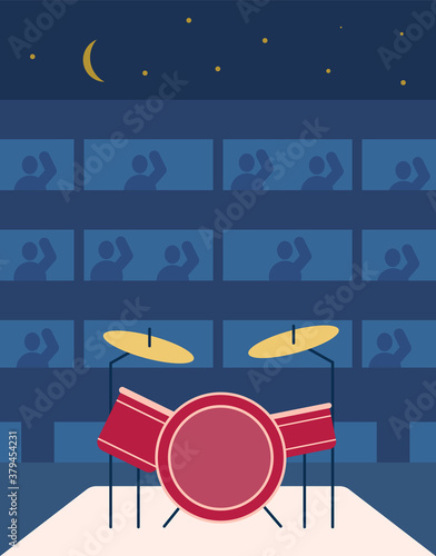 Music concert festival under building of house, office,hotel. Drums on stage. On balconies people dance, clap, stand. Evening party. Keeping social distance in quarantine. Vector illustration.