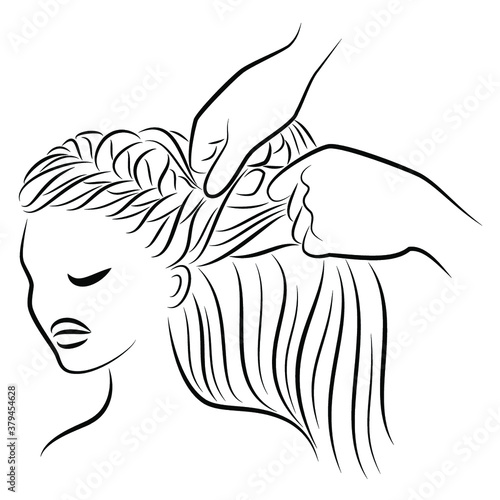 Silhouette profile of the head of a lovely lady. The girl braids her long hair in braids with her hands. Vector illustration.
