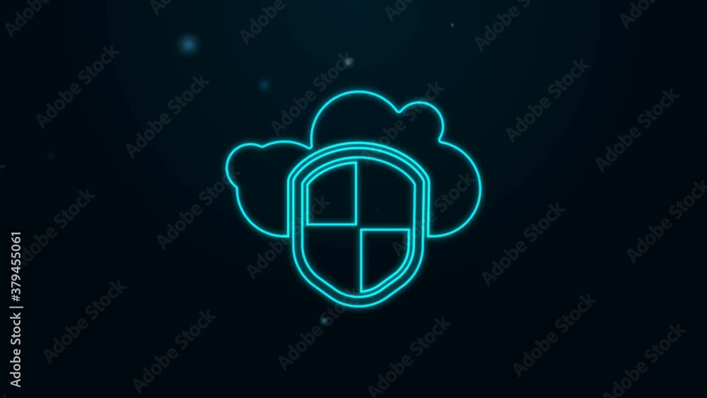 Glowing neon line Cloud and shield icon isolated on black background. Cloud storage data protection. Security, safety, protection, privacy concept. 4K Video motion graphic animation Glowing neon line Cloud and shield icon isolated on black background. Cloud storage data protection. Security, safety, protection, privacy concept. 4K Video motion graphic animation