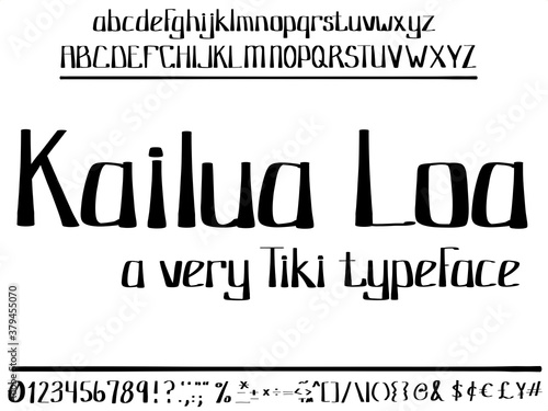 Hand drawn font has a Hawaiian, Polynesian, Island life, Tiki style. Vintage and retro typeface with all symbols and numbers.