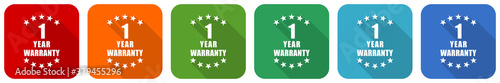 Warranty guarantee 1 year icon set, flat design vector illustration in 6 colors options for webdesign and mobile applications