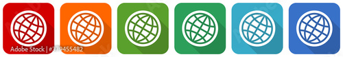 World, globe icon set, flat design vector illustration in 6 colors options for webdesign and mobile applications
