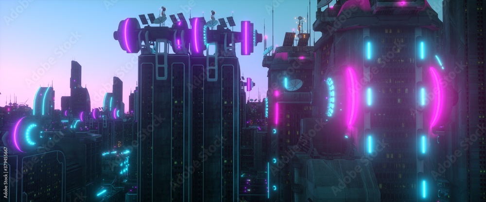 Neon urban future. Futuristic city against blue and pink sky. Wallpaper in a cyberpunk style. Grunge cityscape with bright neon lights and huge futuristic buildings. 3D illustration.