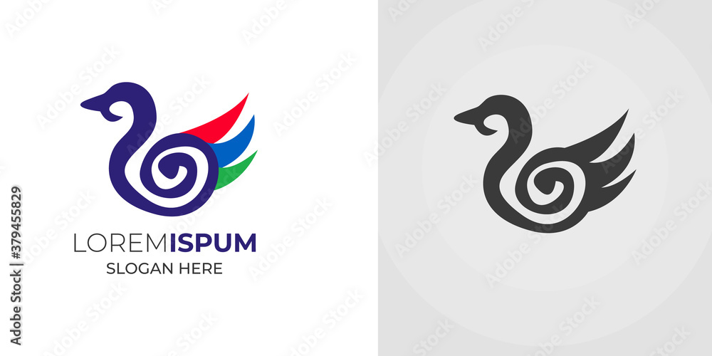 Naklejka premium modern abstract egret logo design with snail combo .egret colorful wings vector illustration .