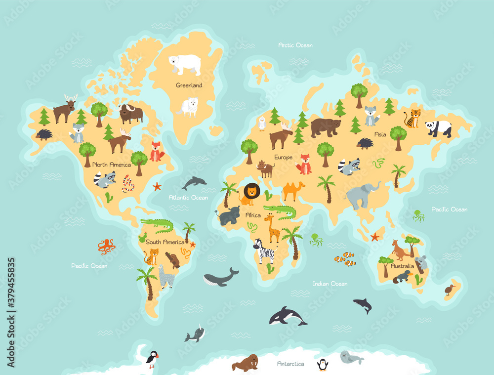Fototapeta World map with wild animals and plants