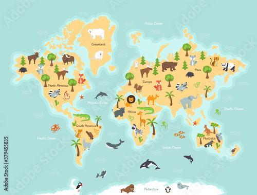World map with wild animals and plants © NADIIA