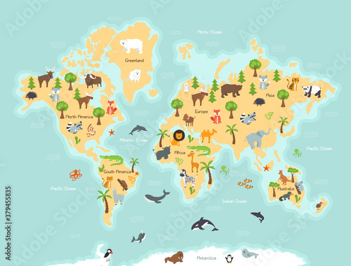 World map with wild animals and plants