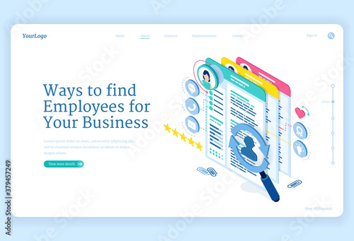Ways to find employees to business. Concept of search and hire staff for company. Vector landing page of recruit and choice candidate for job with isometric illustration of people data and cv
