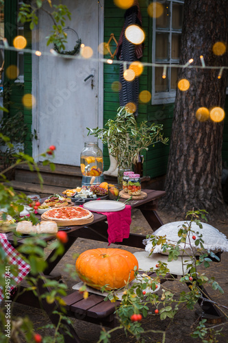 Assorted Italian food table setting in the garden, selective focus © Ekaterina Senyutina