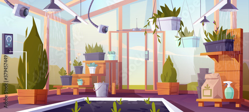 Smart farm, futuristic technologies in farming industry. Digital devices in greenhouse automatically control plants growing and watering, robotics agricultural automation, Cartoon vector illustration