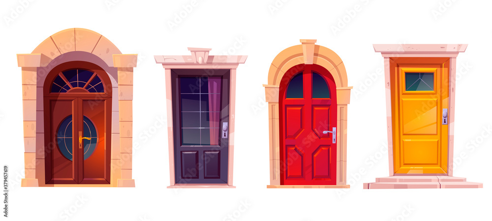 Wooden front doors with stone frame isolated on white background. Vector  cartoon set of house entrance, red, brown and yellow closed doors with  knobs and windows for building facade Stock Vector Image
