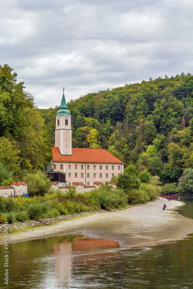 Weltenburg Abbey is a Benedictine monastery in Weltenburg near Kelheim on the Danube in Bavaria, Germany. View from river