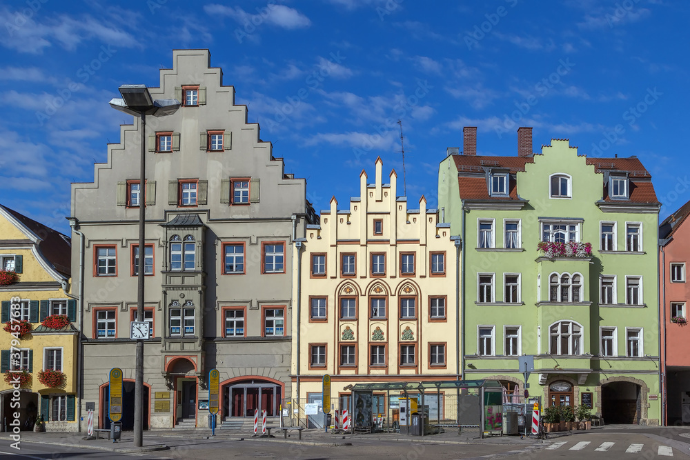 Historic houses on Arnulf’s Square in Regensburg, Germany