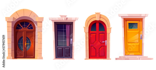 Wooden front doors with stone frame isolated on white background. Vector cartoon set of house entrance, red, brown and yellow closed doors with knobs and windows for building facade