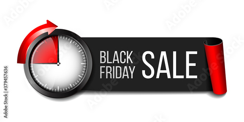 Black realistic curved paper banner ribbon with timer for Black friday super sale.