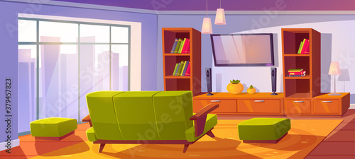Living room interior with sofa and tv back view, bookshelves and couches. Empty apartment with cozy seat front of television set on wall and large window, home design Cartoon vector illustration