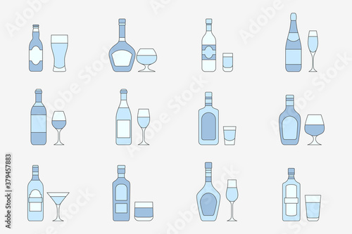 Alcohol drink Icons set - Vector color symbols of glass, bottle, wine, beer, champagne, whiskey, vodka, cognac and others for the site or interface