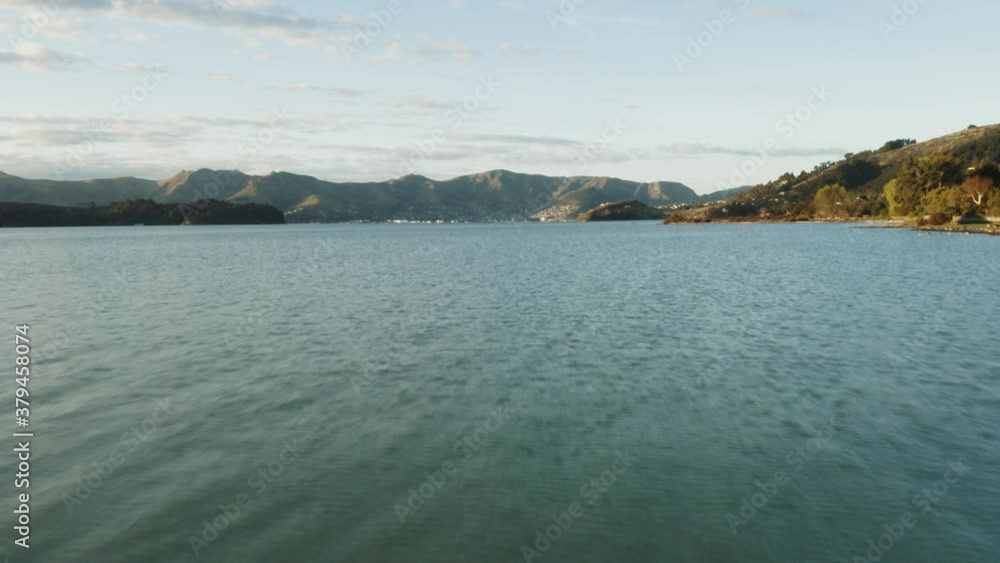 Drone shot of geese in bay as sun sets