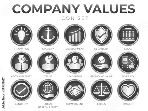 Business 3D Icon Set of Company Core Values. Innovation, Stability, Development, Reliability, Legal, Accountability, Trust, Leadership, Value, Diversity, Commitment, Ethics, Passion Black Icons
