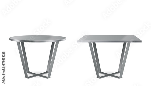 Modern metal tables with round and square top. Vector realistic set of cocktail, coffee or dining steel table with cross legs, chrome furniture for kitchen or cafe isolated on white background