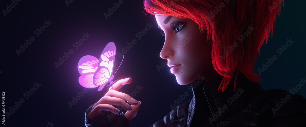 Fototapeta premium 3d illustration of a portrait of girl looking at the glowing pink butterfly landed on her finger in night scene. Young cyberpunk woman with short red hair in black leather jacket, fingerless gloves.