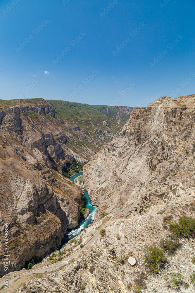 Sulak river in Sulak canyon behind the dam of the Chirkei hydroelectric power station. Dagestan, North Caucasus, Russia.