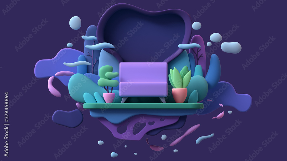 Floating island in blue clouds and flying bubbles with a pink sofa on a green lawn, potted plants, multicolor trees, bushes. Minimal art style. Cozy home at night. 3d illustration on purple background
