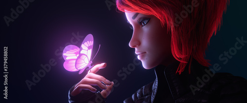 3d illustration of a portrait of girl looking at the glowing pink butterfly landed on her finger in night scene. Young cyberpunk woman with short red hair in black leather jacket, fingerless gloves.