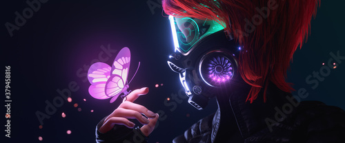 Fotografie 3d illustration of a cyberpunk girl in futuristic gas mask with protective green