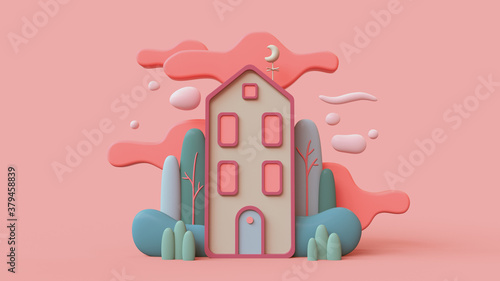 Cute green cozy Eco House with bushes, tall trees, red clouds. Sweet home. Stay Home. Modern cartoon house with windows, blue door. Concept art Spring mood. Hello summer. 3d render in pastel colors.