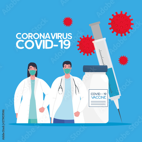 the race between country, for developing coronavirus covid19 vaccine, couple doctors with vial and syringe vector illustration design