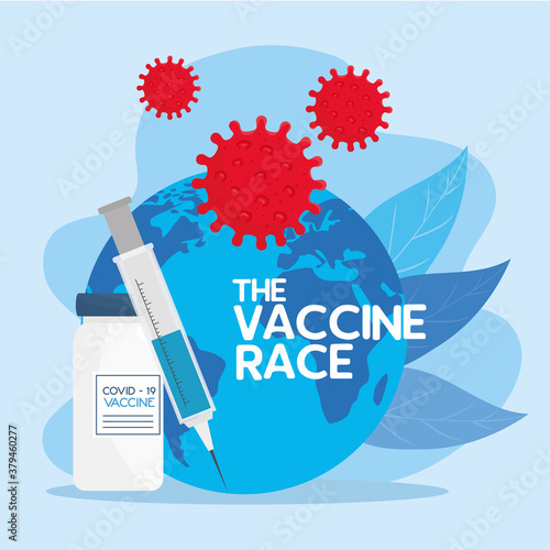 the race between country, for developing coronavirus covid19 vaccine, world planet with syringe and vial vector illustration design