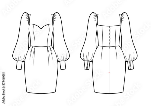 Technical drawing of evening dress with wide slevees. Front and back views