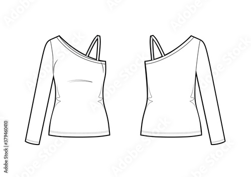 One-shoulder top technical fashion illustration with fitted body.