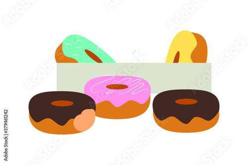Vector flat illustration. Box with donuts, three different donuts isolated on white. Design for ads, poster, banner, print, cafe, restaurant