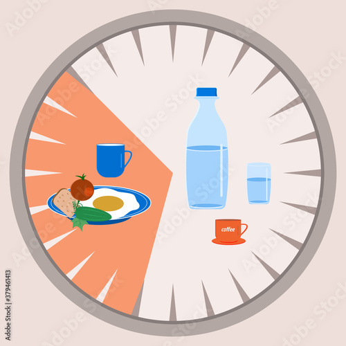 Intermittent fasting - water bottle, glass, 16 and 8, meat, scrambled eggs, vegetables,, knife - vector. Diet banner concept
