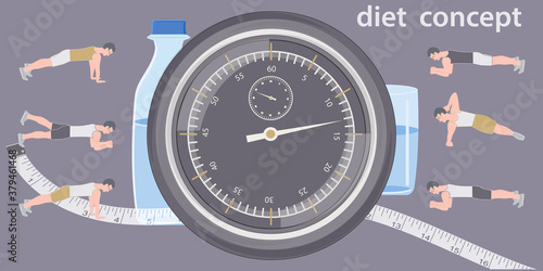 Intermittent fasting - a group of men doing exercises on the arm, watch, bottle with water, glass, 16 and 8 - vector. Diet concept