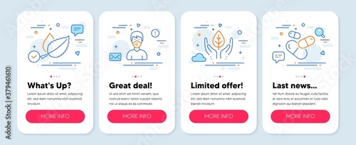 Set of Healthcare icons, such as Fair trade, Medical mask, Mint leaves symbols. Mobile screen mockup banners. Capsule pill line icons. Safe nature, Respirator, Mentha herbal. Medicine drugs. Vector