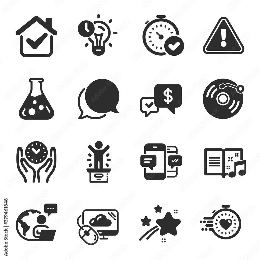 Obraz premium Set of Education icons, such as Smartphone sms, Safe time, Fast verification symbols. Cloud computing, Time management, Chat message signs. Chemistry lab, Music book, Winner podium. Timer. Vector