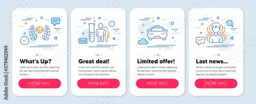 Set of Business icons, such as Medical analyzes, Taxi, Justice scales symbols. Mobile app mockup banners. Group line icons. Medicine results, Passengers transport, Judgement. Vector