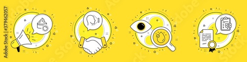 Sun cream, Vitamin e and Face id line icons set. Megaphone, licence and deal vector icons. Eye checklist sign. Face lotion, Oil drop, Identification system. Optometry. Healthcare set. Vector