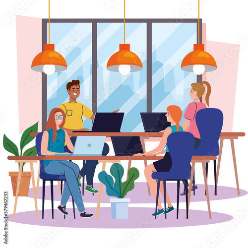 coworking space, group people with laptops in desks, team working concept vector illustration design