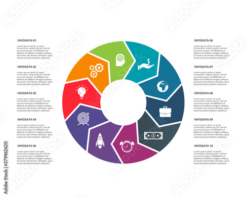 Circle elements of graph, diagram with 10 steps, options, parts or processes. Template for infographic, presentation.