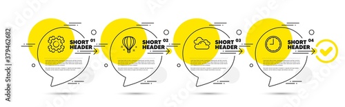 Air balloon, Cloudy weather and Seo gear line icons set. Timeline infograph speech bubbles. Time sign. Sky travelling, Sky climate, Cogwheel. Office clock. Science set. Vector