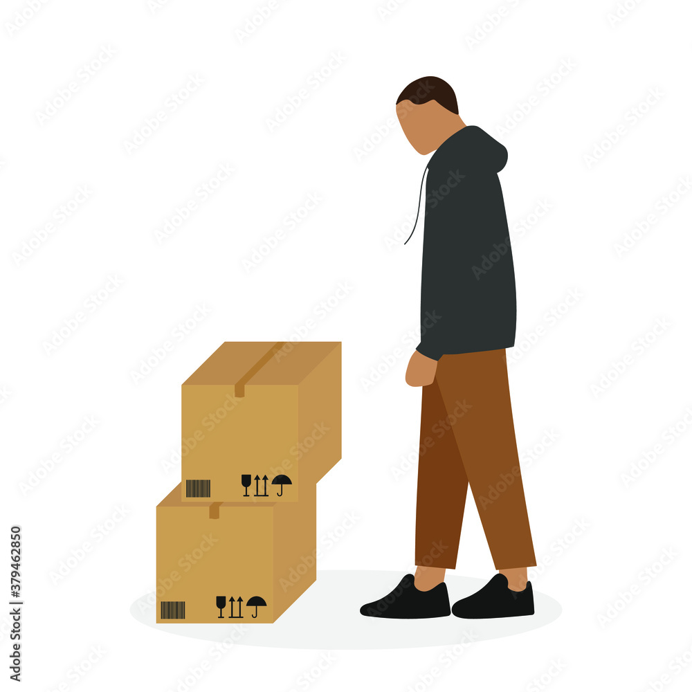 Male character looks at two closed cardboard boxes Male character looks at two closed cardboard boxes