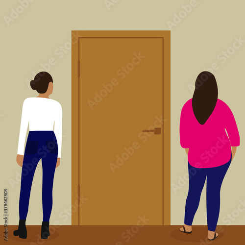 Two female characters stand and look at the closed door