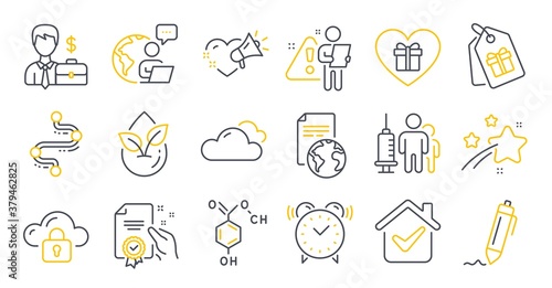 Set of Business icons, such as Translation service, Certificate, Cloud protection symbols. Cloudy weather, Organic product, Medical vaccination signs. Timeline, Alarm clock, Love message. Vector
