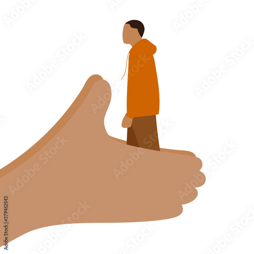 Big hands hold a small male character