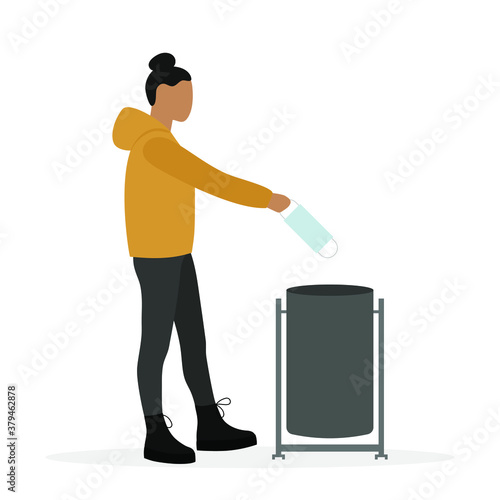 Female character throws a medical mask into a metal urn on a white background